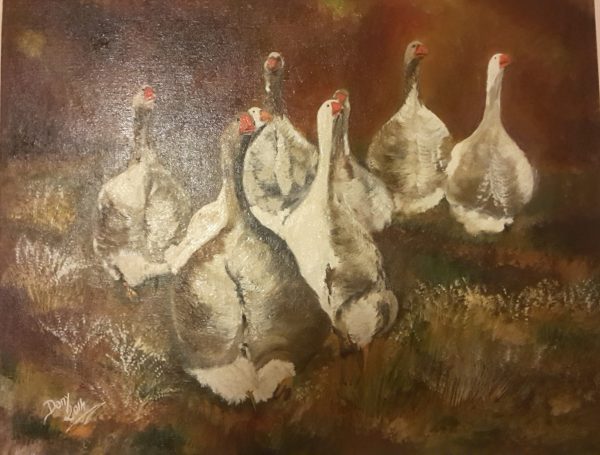 Les Oies - (vendu) - Huile Des six oies avec des plumes brunes et blanches sur un fond de terre.