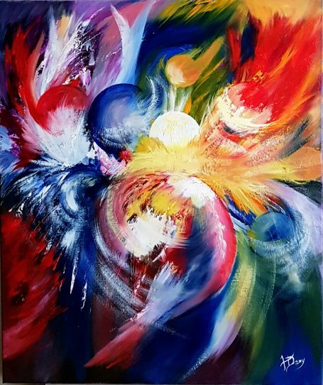 Les Planètes 50x60cm - Huile Composition abstraite dynamique avec des couleurs vives et des formes tourbillonnantes.