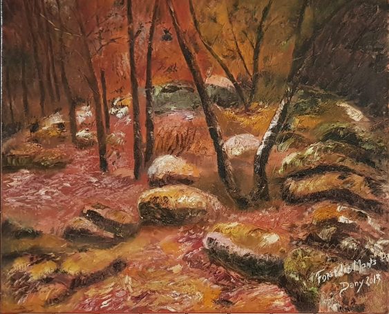 Ballade en forêt 38x46 cm - Huile Un paysage automnal avec des rochers, des arbres et des feuilles rouges.