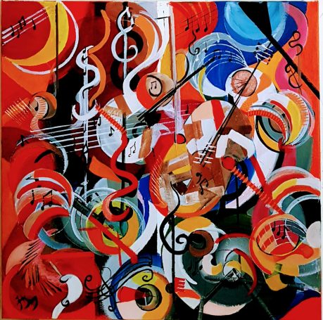 La Musique - 50x50 cm - Huile Composition abstraite colorée avec des formes musicales et des motifs dynamiques.