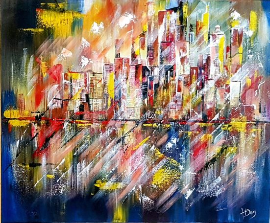 Building Reflected - 50x60 cm - Huile Peinture abstraite colorée représentant une ville vibrante au bord de l'eau.