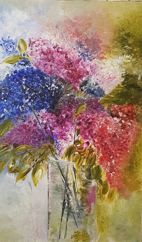Le Bouquet de Lilas (Vendu) - Huile Bouquet de fleurs colorées, incluant des teintes de bleu, rose et vert.