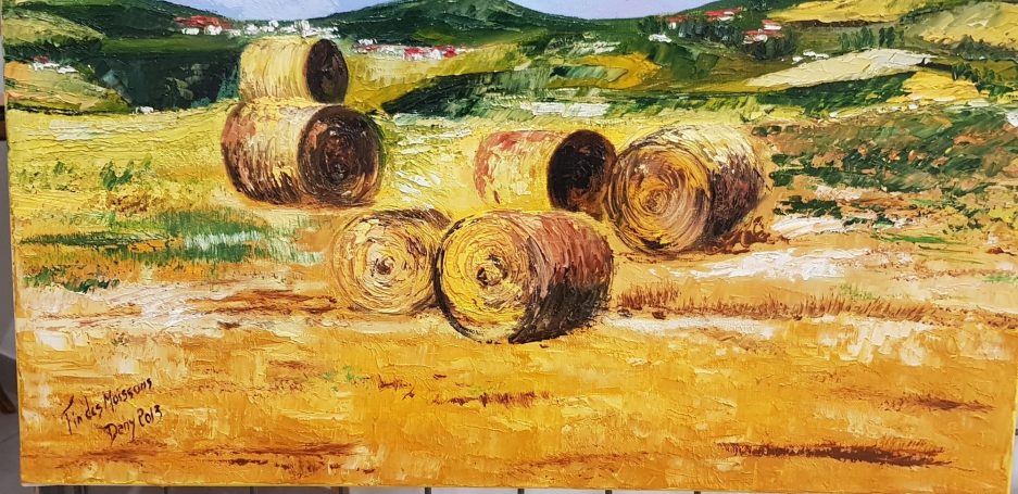 fin des moissons 38x55 cm - Huile Rondins de foin empilés sur un terrain verdoyant sous un ciel lumineux.