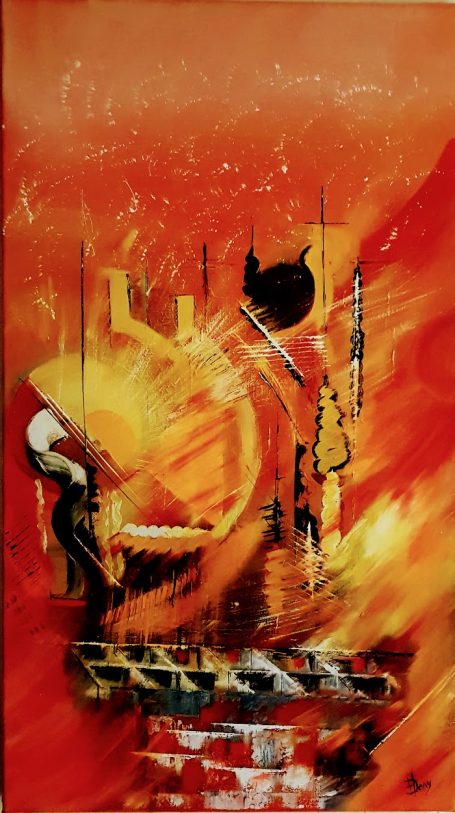 L'Atome - 40x70 cm - Huile Composition abstraite avec des formes organiques et des teintes vives de rouge et orange.
