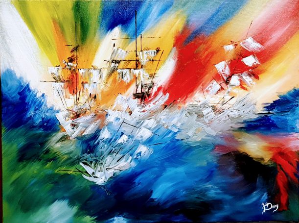 Naufrage - 50X60 cm - Huile Vaisseaux naviguant dans des eaux tourbillonnantes, avec des couleurs vives en arrière-plan.