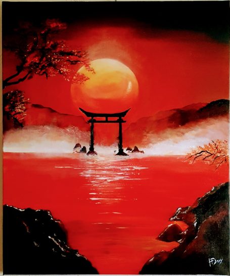 Crépuscule - 54x65cm - Huile Portique japonais silhouette au crépuscule, devant un soleil rouge brillant sur l'eau.