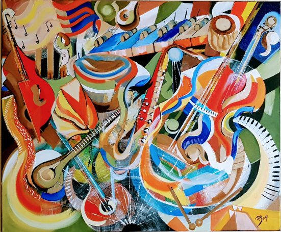 Les instruments - 50x60 cm - Huile Composition colorée d'instruments de musique dans un style abstrait et dynamique.