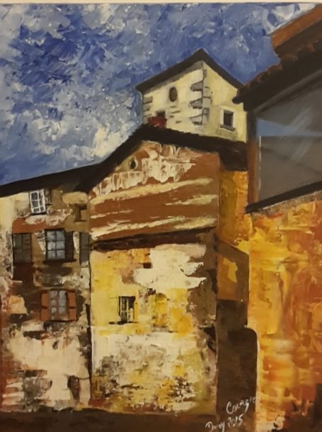 La Cour des Dames 38x46 cm - Huile Bâtisse ancienne avec murs en pierres, touches d'orange et ciel bleu.