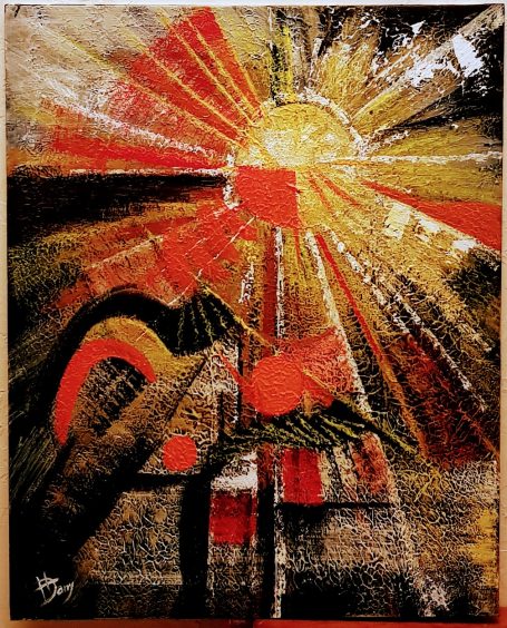 Sunshine - 40x50 cm Huile Composition abstraite avec des rayons de soleil, formes géométriques et couleurs vives.