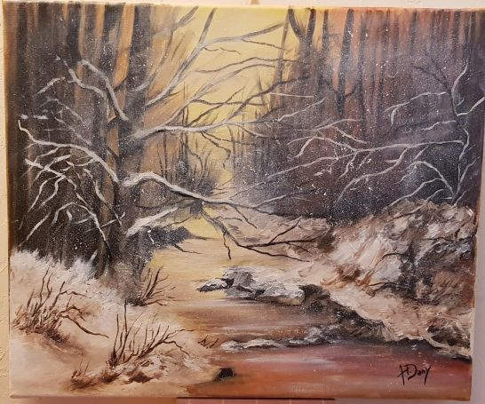 Le Ruisseau enneigé 55x46 cm - Huile Un ruisseau à travers une forêt enneigée, illuminé par une lumière dorée.