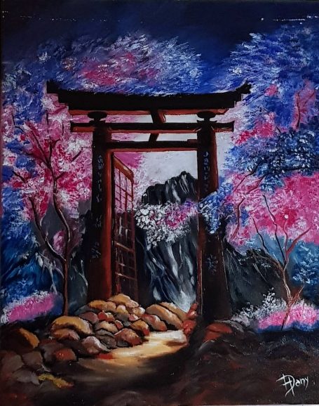 Un Tori et cerisiers fleuris en nocturne 38x46 cm Huile
