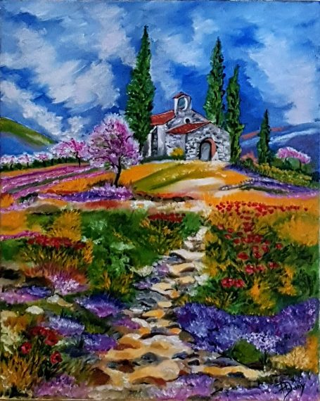 Chapelle Saint-Sixte 32x41cm Un paysage coloré avec une Chapelle en pierre, des fleurs et des arbres verdoyants.