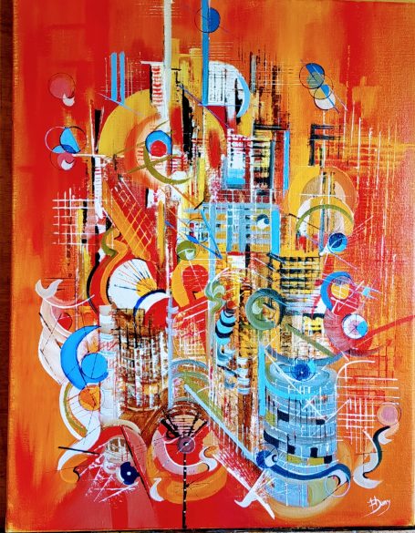 Abstract 2 - 50x65cm - Huile Composition abstraite colorée avec des formes géométriques et des lignes dynamiques.