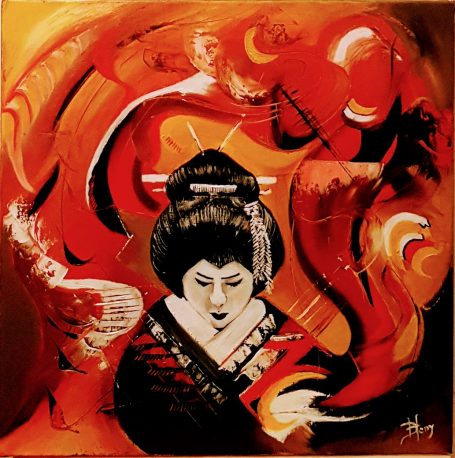 Geisha abstrait - 40x40 cm - Huile Femme japonaise en kimono avec des couleurs chaudes et des motifs abstraits en arrière-plan.