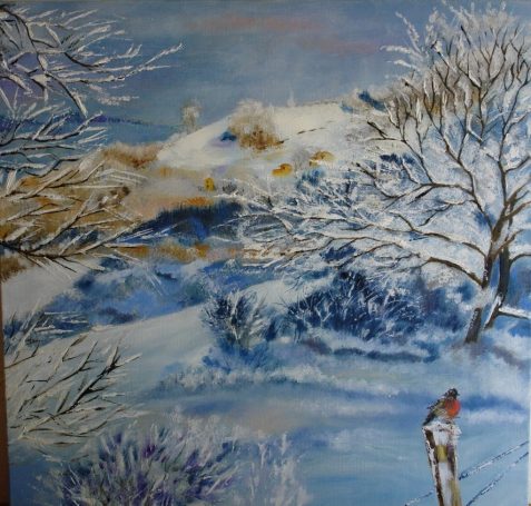 Monts du Lyonnais enneigés 50x50 cm - Huile Paysage hivernal avec un skieur sur un chemin enneigé, arbres dépouillés en arrière-plan.