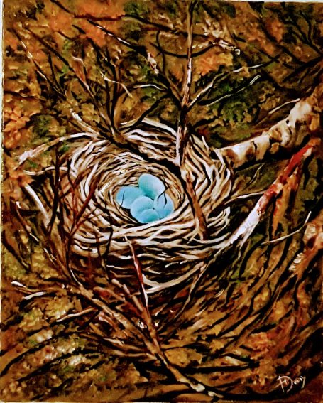 Le nid aux œufs bleus 33x41 cm - Huile