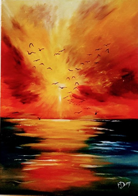 Coucher de soleil 33x46 cm - Huile Coucher de soleil vibrant sur l'horizon avec des oiseaux volant au-dessus de l'eau.