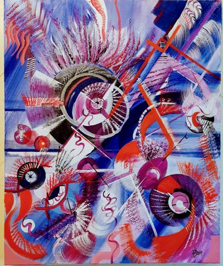 Le Regard - 50x61 cm - Huile Composition colorée abstraite avec des formes circulaires et des lignes dynamiques.