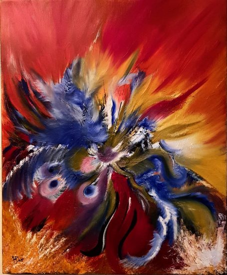 Mouvement en fusion - 50x62 cm - Huile Peinture abstraite aux couleurs vives, avec des formes tourbillonnantes et énergétiques.