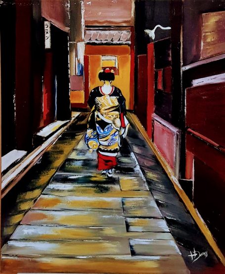 Une Geisha dans une rue de Kyoto 38x46 cm Huile Huile