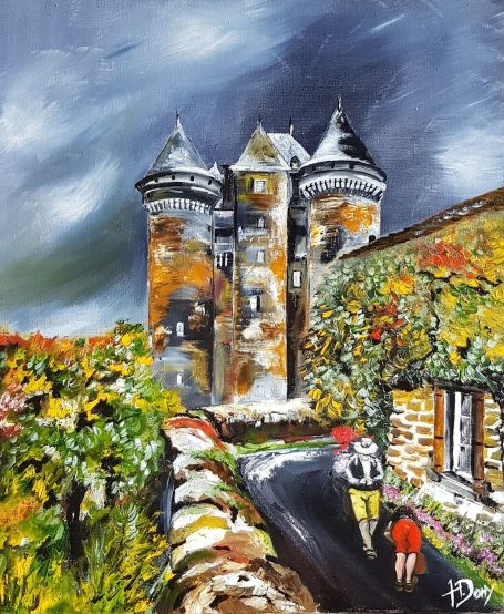 Château du Bousquet 41x55 cm - Huile Château médiéval sous un ciel nuageux, avec des vignes colorées et des promeneurs.
