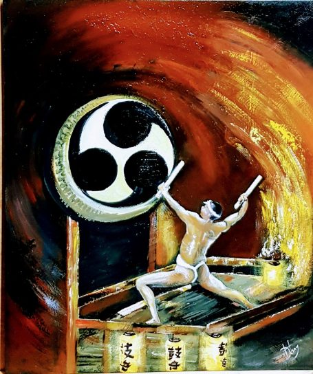 Taiko Drummer - 46x55 cm - Huile Un percussionniste en train de jouer d'un grand tambour sur fond abstrait.