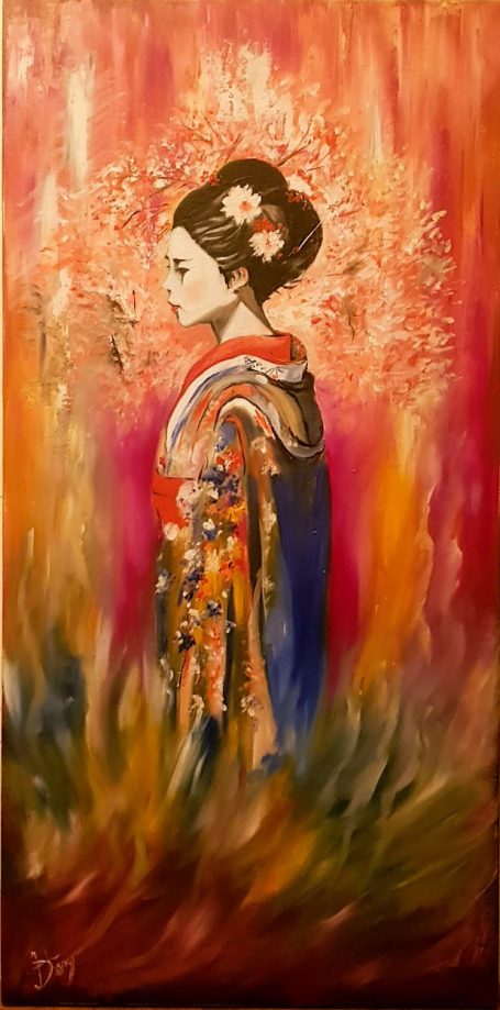 Geisha - 40x80 cm - Huile Femme en kimono japonais, profilée, avec un fond artistique coloré et flou.