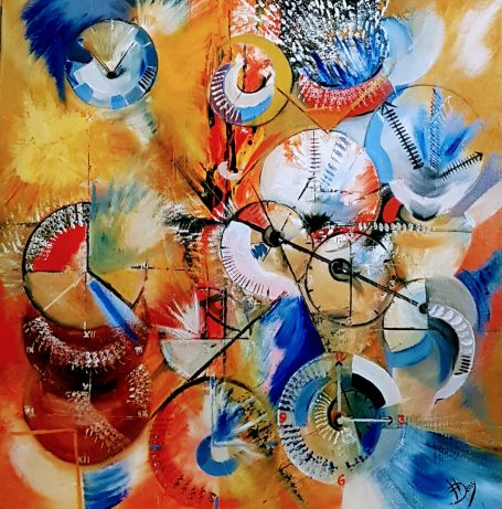 Les Horloges - 50x50 cm - Huile Abstrait coloré avec des cercles, des lignes noires et des motifs fluides en bleu et orange.