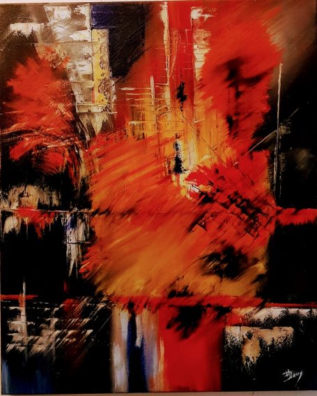 Le Reflet - 50x62 cm - Huile Composition abstraite avec des éclats de rouge et des formes dynamiques sur fond sombre.