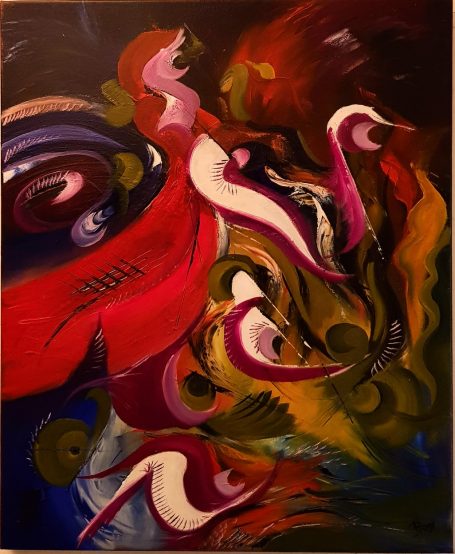 La Perception de formes - 50x62 cm - Huile Composition abstraite aux formes fluides et couleurs vives évoquant le mouvement et l'énergie.