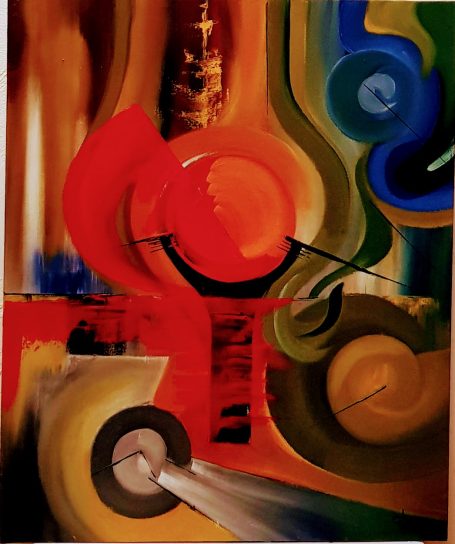 Les Contours - 38x46 cm - Huile Composition abstraite avec des cercles colorés et des formes fluides sur fond lumineux.