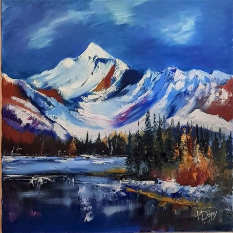 Paysage montagneux 40x40cm Montagnes enneigées sous un ciel bleu avec un lac et des arbres colorés en automne.