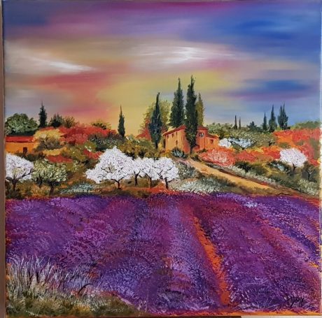 La Provence - (vendu) - Huile Champ de lavande violet avec arbres, collines et ciel couleur coucher de soleil.